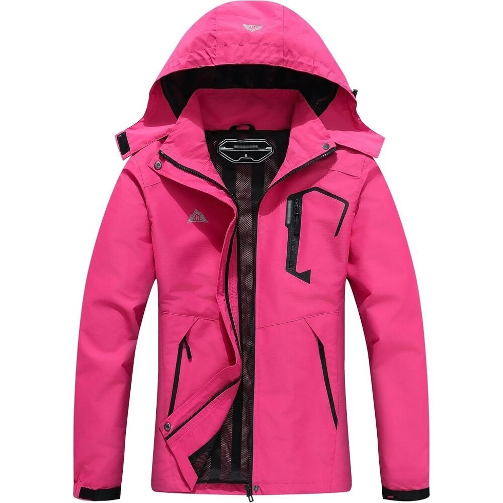 Women's Red Waterproof Lightweight Rain Jacket, Windproof Trench Coat Hood